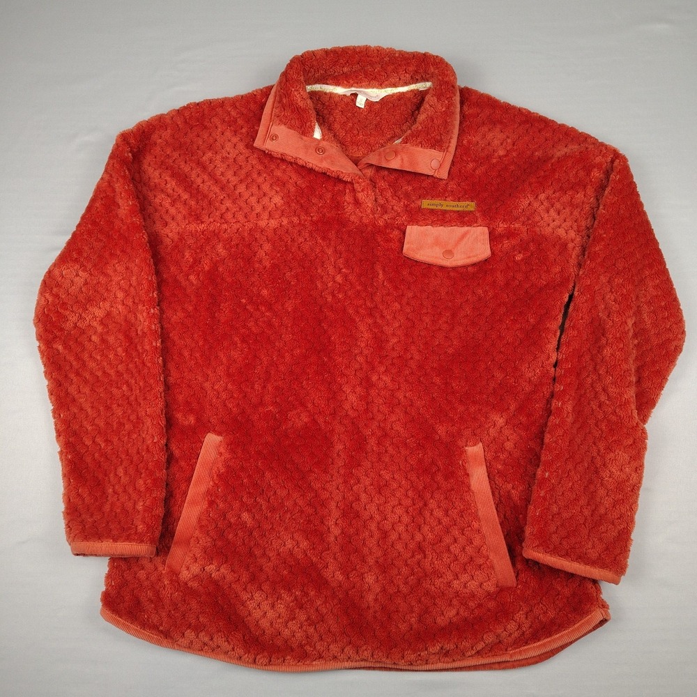 Simply Southern Sherpa Pullover Large Orange Spice Snap Fleece Pocket Jacket